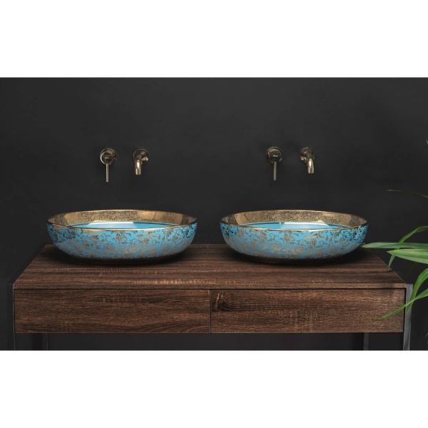 Chiuveta de blat REA MARGOT, Dimensiuni 42 x 34x 14 cm, Forma Ovala, Ceramica sanitara, Albastru/Auriu - Img 4