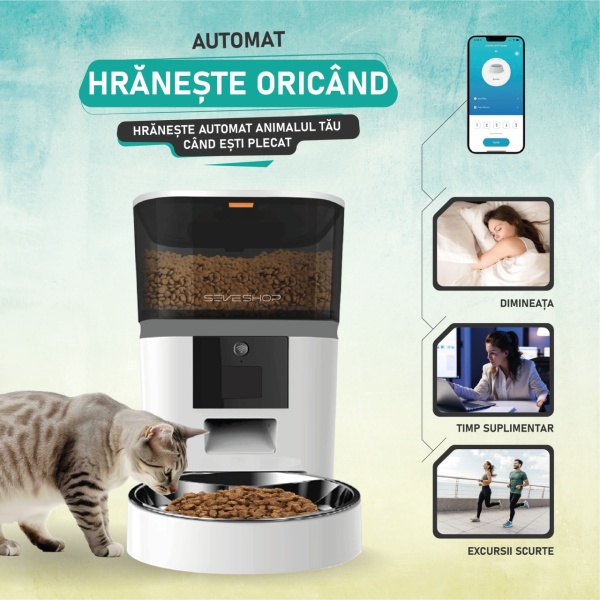 Hranitor automat SeveShop QQ009 WiFi, camera video, audio, vas inox, functie dozator caini sau pisici, functie adapator, sunet hranire, programabil, sursa alimentare dubla, 6L, aplicatie telefon, alb - Img 4
