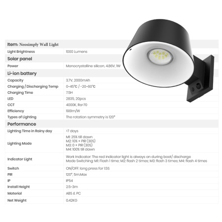 Lampa Solara LED Portabila de Exterior, Neosimply Camping, 1000 lumeni, 4 moduri de operare, senzori de luminozitate si miscare - Img 3