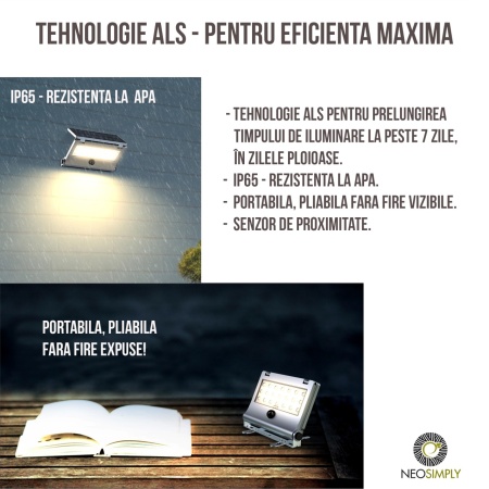 Lampa Solara LED Portabila de Exterior, Neosimply Camping, 1000 lumeni, 21 OSRAM LEDs, 4 Moduri de utilizare, cu senzor de proximitate si panou solar detasabil prin cablu de 4 Metri - Gri Antracit - Img 3
