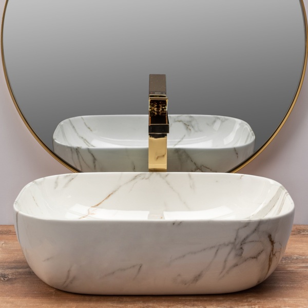 Lavoar De Blat REA BELINDA AIAX MARMURA, Dimensiuni 46 X 32 X 12.5 Cm, Montaj Pe Blat, Design Deosebit,Ceramica Sanitara, Maro/Alb - Img 5