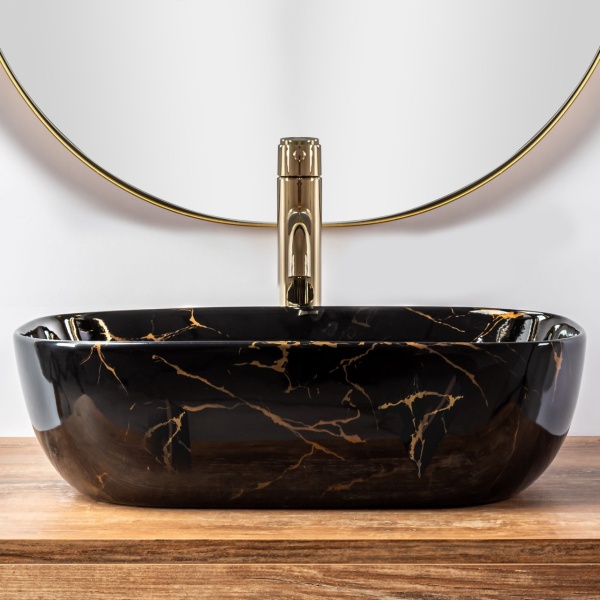 Lavoar de blat REA ERA BELINDA MARBLE LUCIOS, Dimensiuni 46.5cm x 33.5x 13.5cm, Ceramica Sanitara, fara gaura baterie, Negru - Img 5