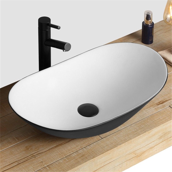 Lavoar De Blat REA ROYAL WHITE BLACK, Dimensiuni 62.5 X 36 X 15 Cm, Montaj Pe Blat, Design Deosebit, Forma Ovala, Ceramica Sanitara, Alb/Negru - Img 3