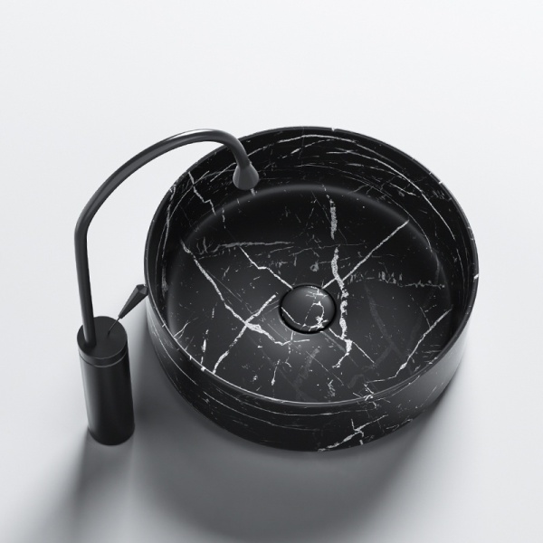Lavoar pe blat, Lava, marmura ceramica negru cu model alb, Rotund 36cm - Img 6