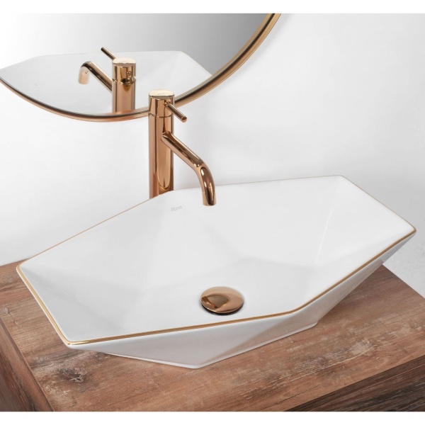 Lavoar REA VEGAS ROSE GOLD EDGE 57x37 cm, montaj pe blat, design deosebit, ceramica sanitara, Alb - Img 3