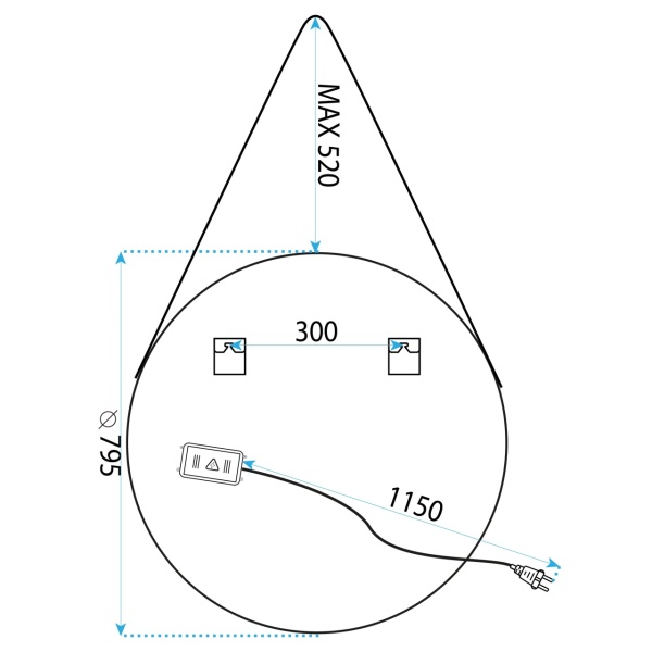Oglinda rotunda LED suspendata pe curea 80 cm - Img 12