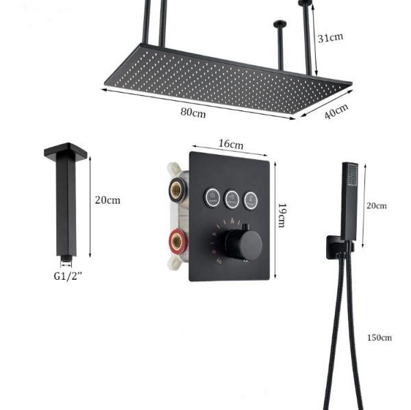 Set baterie PRO11 cu termostat, doua functii, incastrata in perete,para patrata tip ploaie, 80X40cm - Img 2