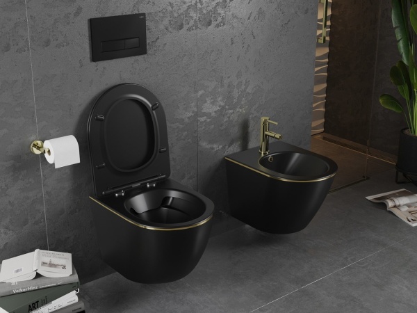 Set Vas Wc PRO Lena carlo Negru Mat/Auriu , Tehnologie Rimless, Capac slim cu inchidere lenta - Img 4