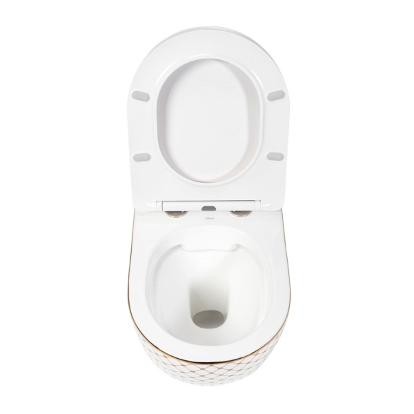 Vas WC REA CARLOS FLAT DIAMOND GOLD, Suspendat, Ceramica Sanitara, 49.5 X 37 X 32 Cm, Scaun Soft-Close Inclus, Forma Ovala, Alb/Auriu - Img 4