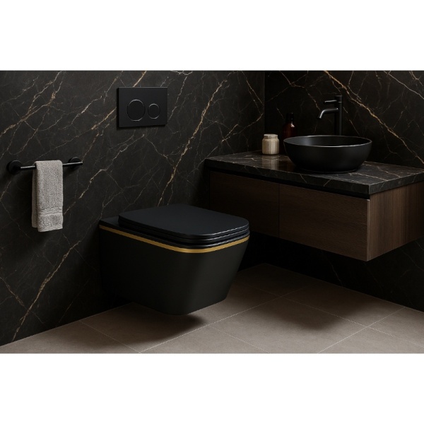 Vas Wc suspendat Rain Rimless Black Mat Gold Edge , capac soft-close inclus - Img 4