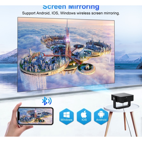 Videoproiector Inteligent Portabil, SeveShop® HM102, Full HD 1080p, Suport 4K, WiFi, Bluetooth, Android, iOS, Screen Mirroring, Autocorectie Keystone, Stand Reglabil 360°, Boxa 5W, Consum Redus, Design Compact, Negru - Img 2