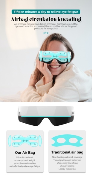 Aparat de Masaj pentru Ochi SeveShop, 16 Puncte de Masaj, 3 Intensitati, Muzica Ambientala si Bluetooth, Compresie Termica si Presopunctura, Perne de Aer si Vibratii, Reincarcabil USB, Banda Reglabila, Relaxare si Stimulare Vizuala, Alb Lucios - Img 2