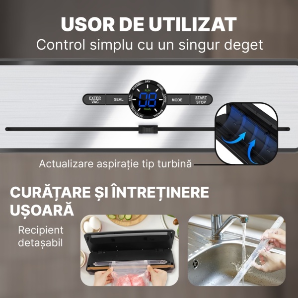 Aparat de Vidat si Sigilat Alimente SeveShop®, Bare de Lipire 30 cm, 7 Moduri de Operare, Uscat, Umed, Lichid, Display LED Tri-Color, Cutter Integrat, Tava Detasabila, Aparat Vidat cu Furtun pentru Recipiente, Sigilare 5 kg, Aparat Vidat Alimente Negru - Img 6