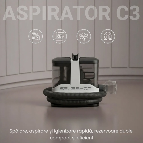 Aspirator Cu Spalare 3 In 1, SeveShop® C3, Aspirator Cu Extractie Pentru Tapiterii Si Covor, Putere 450W, Aspirator Cu Rezervor Dublu 1L + 0.5L, Putere De Aspirare 12000Pa, Motor Cu Perii, Zgomot ≤80dB, Compact, Portabil, Ideal Auto, Canapea, Gri - Img 2