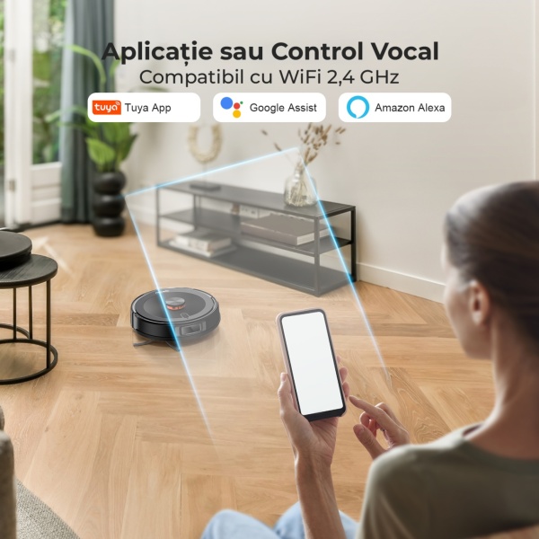 Aspirator Robot Podea 3 in 1 SeveShop® D10S Teendow, Functie Mop, WiFi Navigatie LiDAR 360°, Harti Multi-Etaje, Putere de Aspirare 4500 Pa, Control prin Teendow si Alexa, Spalare, Multi-Suprafete, Aspirare Robot, Autonomie 2600 mAh, Slim 9.8 cm, Negru - Img 6