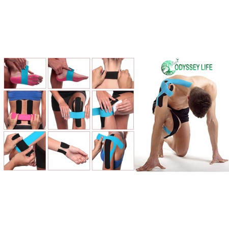Banda Kinesiologica, Kinesio Tape - Odyssey Life, pretaiata, impermeabila pentru ameliorarea durerii, rola cu 20 benzi de 25 cm lungime, culoare Fucsia - Img 2