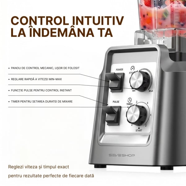 Blender Profesional 2 In 1 SeveShop® Teendow, Motor Puternic 1800W, Blender Cu Rasnita Cafea, Functie Timer, Pulse, Intensitate Viteza Reglabila, 6 Lame Inox Multifunctionale, Blender Multifunctional Smoothie, Sucuri Si Macinare, Capacitate 2L, Gri - Img 9
