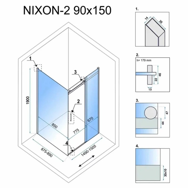 Cabina de dus cu usa glisanta Rea Nixon 150x90 crom dreapta - Img 6
