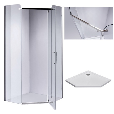 Cabina de dus KZ91B/ST07B Pentagonala 90x90cm, Culoare Crom+Cadita de dus ,Culoare Alb - Img 3
