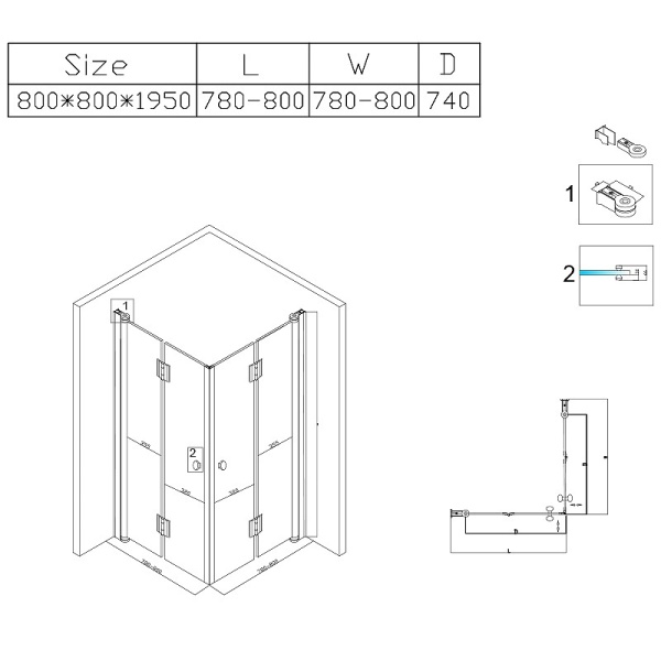 Cabina dus patrata BS05A, 80x80 cm, Culoare Negru, Sticla Securizata 6 mm - Img 3