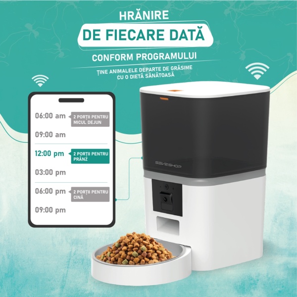 Hranitor automat SeveShop QQ009 WiFi, camera video, audio, vas inox, functie dozator caini sau pisici, functie adapator, sunet hranire, programabil, sursa alimentare dubla, 6L, aplicatie telefon, alb - Img 5