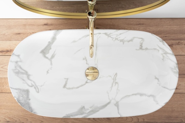 Lavoar De Blat REA CLEO 81 SHINNY MARMO, Dimensiuni 81 X 41 X 13.5 Cm, Design Deosebit, Forma Dreptunghiulara, Ceramica Sanitara, Alb/Gri - Img 5