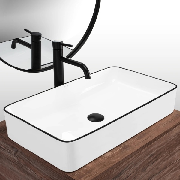 Lavoar De Blat REA DENIS BLACK EDGE, Dimensiuni 61.5 X 35 X 11 Cm, Montaj Pe Blat, Forma Dreptunghiulara, Ceramica Sanitara, Alb/Negru - Img 5