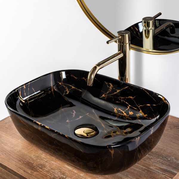 Lavoar de blat REA ERA BELINDA MARBLE LUCIOS, Dimensiuni 46.5cm x 33.5x 13.5cm, Ceramica Sanitara, fara gaura baterie, Negru - Img 2