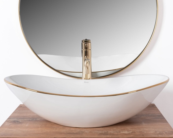 Lavoar de blat REA ROYAL GOLD EDGE, 62.5x 36x 15 cm, Montaj Pe Blat, Design Deosebit, Forma Rotunda, Ceramica Sanitara, Alb - Img 4