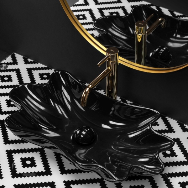 Lavoar De Blat REA SEA BLACK, Montaj Pe Blat, Design Deosebit, Forma Ovala - Ondulata, Ceramica Sanitara,Negru - Img 2