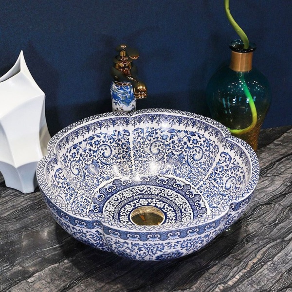 Lavoar de blat REA VIVIEN, 42.5x 42.5x 15 cm, Montaj Pe Blat, Design Deosebit, Forma Rorunda, Ceramica Sanitara, Alb/Albastru - Img 5