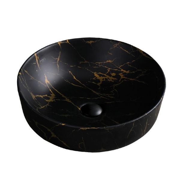 Lavoar pe blat, Fino, marmura ceramica negru cu model auriu, Rotund 41,5cm - Img 2