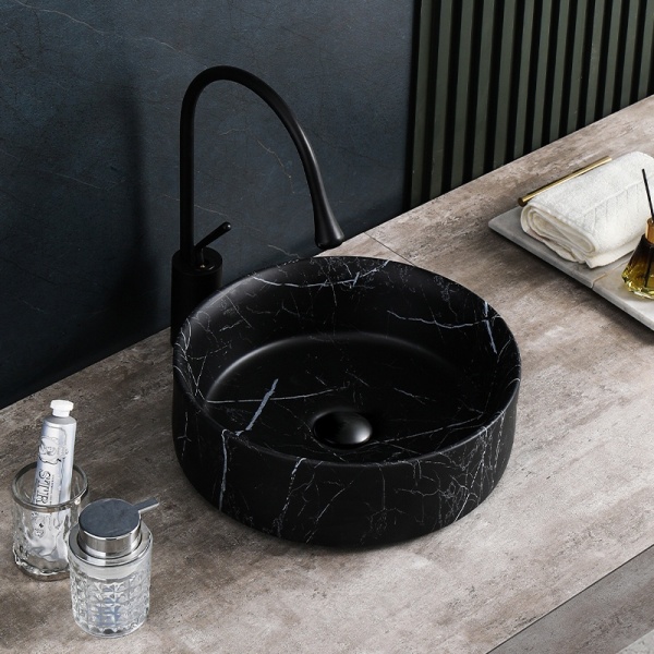 Lavoar pe blat, Lava, marmura ceramica negru cu model alb, Rotund 36cm - Img 3