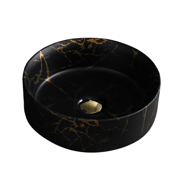 Lavoar pe blat, Lava, marmura ceramica negru cu model auriu, Rotund 36cm - Img 4