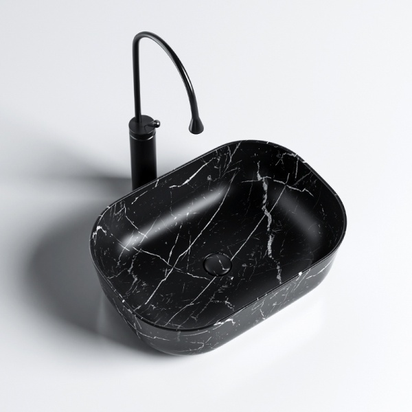 Lavoar pe Blat, Milo, Marmura Ceramica Negru Mat cu Model Alb , Dreptunghiular 45,5 x 32,5 x 13,5 cm - Img 10