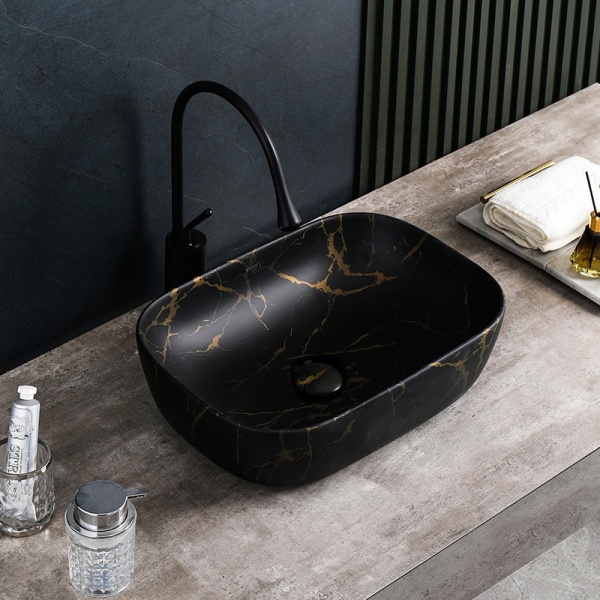 Lavoar pe Blat, Milo, Marmura Ceramica Negru Mat cu Model Auriu , Dreptunghiular 45,5 x 32,5 x 13,5 cm - Img 10