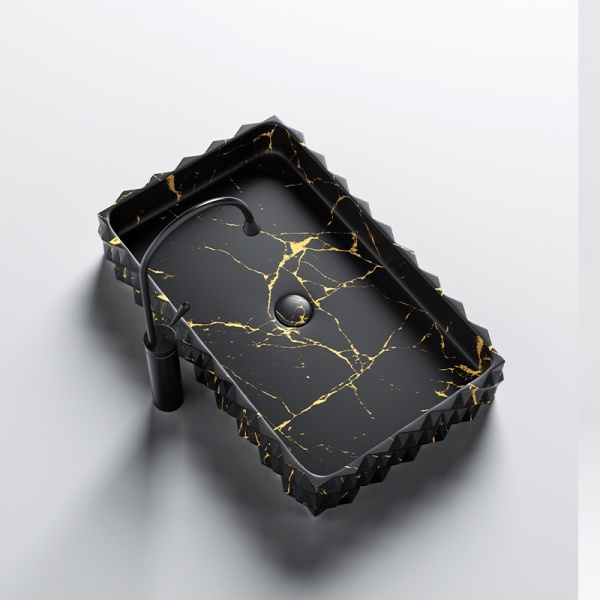 Lavoar pe blat, Pearl, Marmura Ceramica Negru cu Model Auriu , Dreptunghiular 60,5 x 34 x 11cm - Img 5