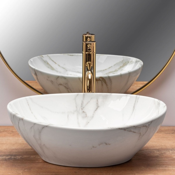 Lavoar REA Sofia AIAX Shiny, 41x34.5x15 cm, montaj pe blat, design deosebit, ceramica sanitara, Imitatie Marmura - Img 2