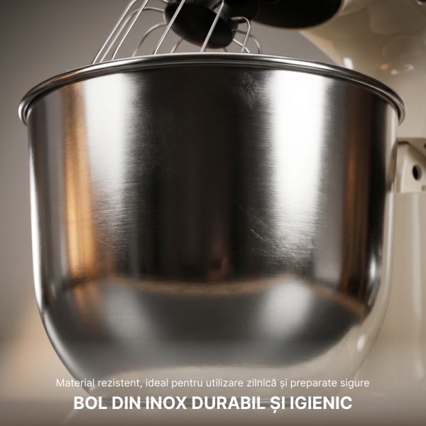 Mixer Cu Bol 4.7L SeveShop® Teendow, Din Inox, Mixer Profesional 1500W, 12 Trepte De Viteza, Mod Pulse, Cap Rabatabil, Accesorii Incluse Pentru Framantare, Mixare Si Batere, Mixer Bucatarie Pentru Aluat, Creme Si Deserturi, Culoare Alba - Img 8