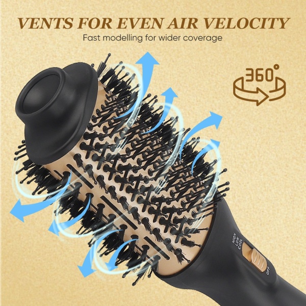 Perie de Par 4 in 1, SeveShop, Uscator si Styler Portabil 1000W, 3 Trepte de Viteza, 2 Temperaturi, Aer Rece, Design Oval 34x11 cm, Motor Puternic pentru Uscare Rapida, Perie Nylon Anti-Incalcire pentru Volum, Indreptare si Ondulare, Negru Auriu - Img 4