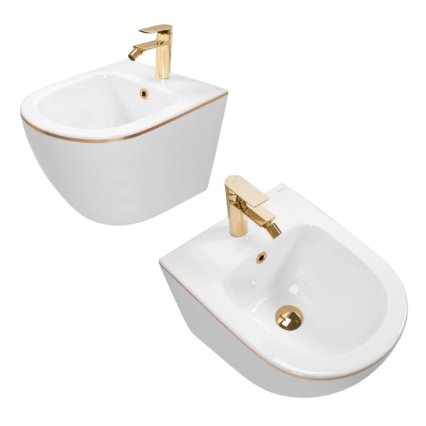 Set Bideu REA CARLO MINI si Vas WC REA CARLO MINI FLAT EDGE, Montaj suspendat, Ceramica sanitara, Capac Soft-Close inclus, Alb/Auriu - Img 2