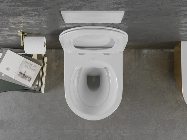Set Bideu REA Lenacarlo MINI si Vas Wc REA Lenacarlo MINI, Montaj Suspendat, Ceramica Sanitara, Capac Slim cu inchidere lenta, Culoare Alb/Auriu - Img 5