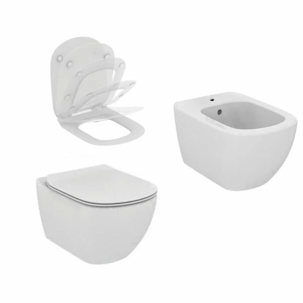 Set Bideu si Vas WC PRO GROHE , montaj suspendat, ceramica sanitara, Vas WC Ideal Standard Tesi AquaBlade + Bideu + Model Capac Soft-Close Inclus+Cadru+Clapeta - Img 5