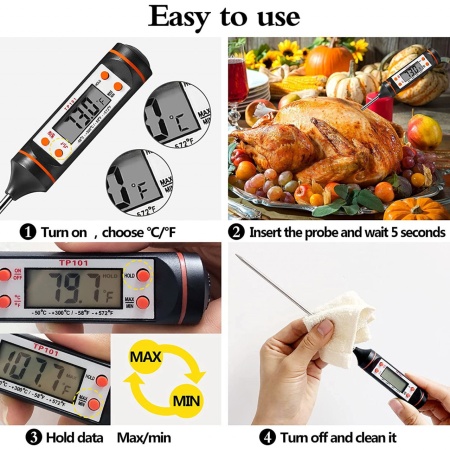 Set pentru Gratar compus din 4 grile extra lungi din otel inoxidabil cu maner de lemn plus manusa si termometru digital pentru carne, legume, fructe de mare - Img 4