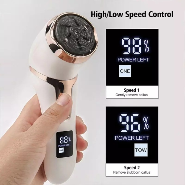 Set Pila Electrica pentru Talpi si Calcaie SeveShop, Display Digital, Acumulator 1200 mAh, Incarcare USB, Impermeabil, 2 Viteze 2400 Rot/min, 3 Capete Incluse pentru Indepartarea Pielii Moarte si Calusurilor, LED Lanterna pentru Utilizare Usoara, Alb - Img 3