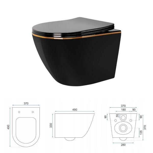 Vas WC REA CARLO MINI RIMLESS, Montaj Suspendat, Ceramica Sanitara, Capac DUROPLAST FLAT Soft-Close Inclus, Negru/Auriu - Img 6