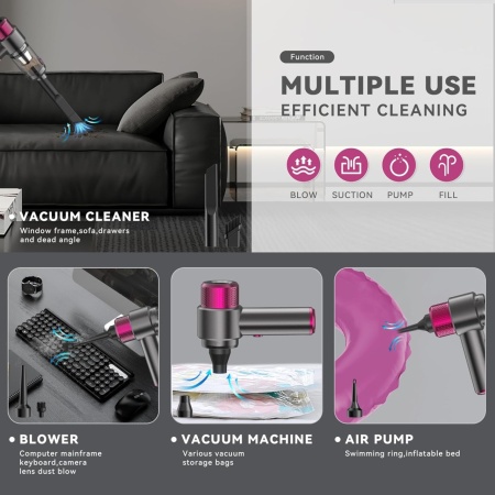 Aspirator auto 4 in 1 ODISSEY LIFE®, Turbo Duster, 12000PA, 120W, baterie 4000mAh, reancarcabil, functii aspirare, suflare si vidare, filtru HEPA, magenta - Img 6