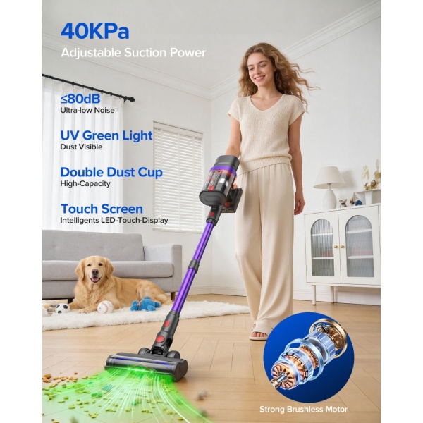 Aspirator Vertical 3 In 1, SeveShop® Teendow V20, Aspirator Fara Fir 500 W, Aspirator Vertical Cu Ecran Digital Si 3 Moduri De Curatare, Filtru HEPA In Mai Multe Etape, Capacitate 1.4 L, Autonomie Pana La 30 Min, Curatare Uscata Si Umeda, Aspirator Alb - Img 2