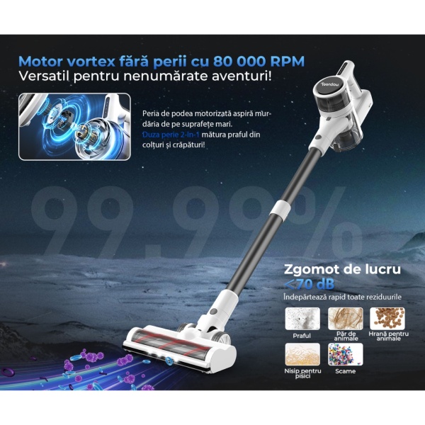 Aspirator Vertical 4 in 1 Fara Fir SeveShop® P11 Pro Teendow, Motor Vortex 280000 RPM, 3000KPa, Filtru HEPA in 5 Etape, Autonomie 2600 mAh, Iluminare LED, Perii Multiple, Ideal pentru Podea, Covor, Par de Animale, Scame, Nisip, Praf, Alb Negru - Img 3