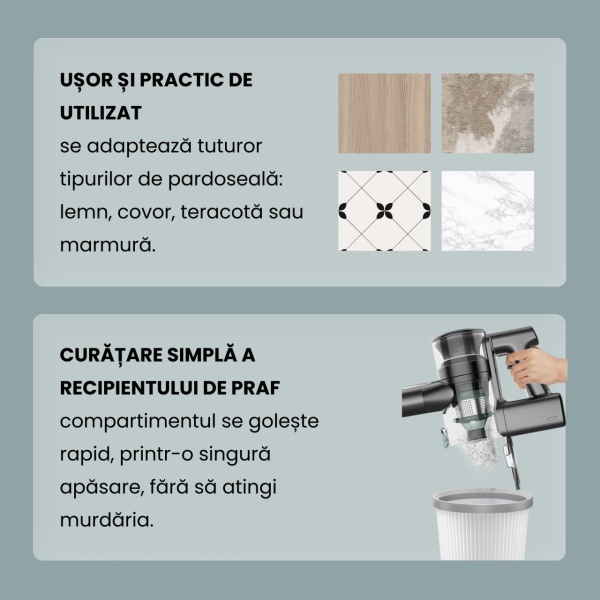 Aspirator Vertical, SeveShop®, P11 Pro 4 in 1 cu Putere 30000Pa, Motor 250W, Filtrare in 5 Etape cu HEPA Lavabil, Autonomie 50 Minute, Baterie Detasabila 22.2V, Perie cu LED, Sistem Anti-Incurcare, Capacitate 450ml, Tehnologie Cyclone, 1210x250x200 mm, Ve - Img 9